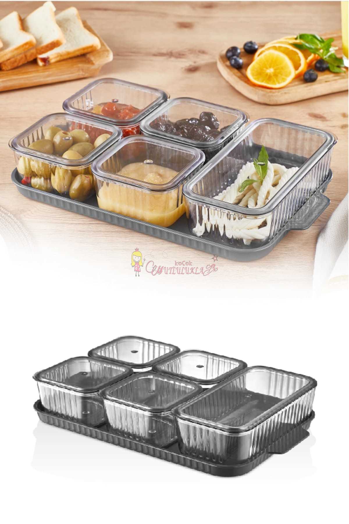 Lüx 5 Bölmeli Tepsili Antrasit ve Sefaf Kristal Kahvaltılık Saklama Kabı