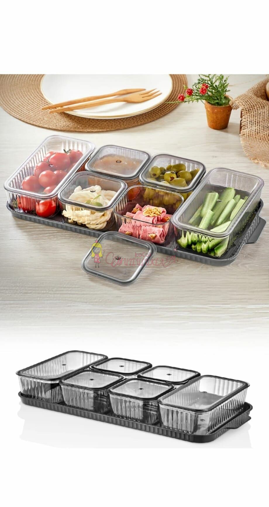 Lüx 6 Bölmeli Tepsili Antrasit ve Sefaf Kristal Kahvaltılık Saklama Kabı