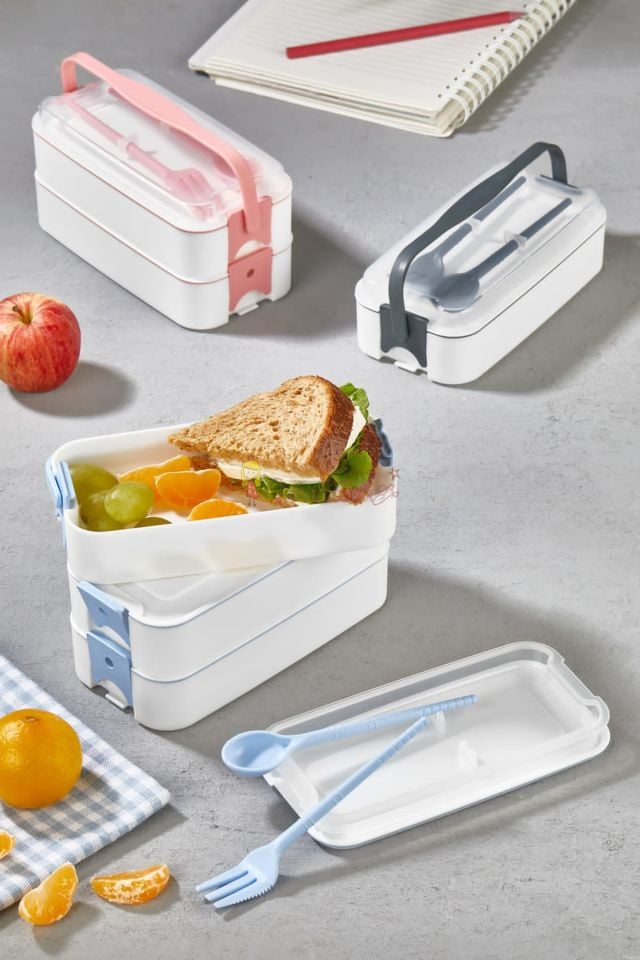 3 Katlı Taşınabilir Yemek Kabı – Lunch Box Diyet Beslenme Saklama Kabı Çatal Kaşıklı